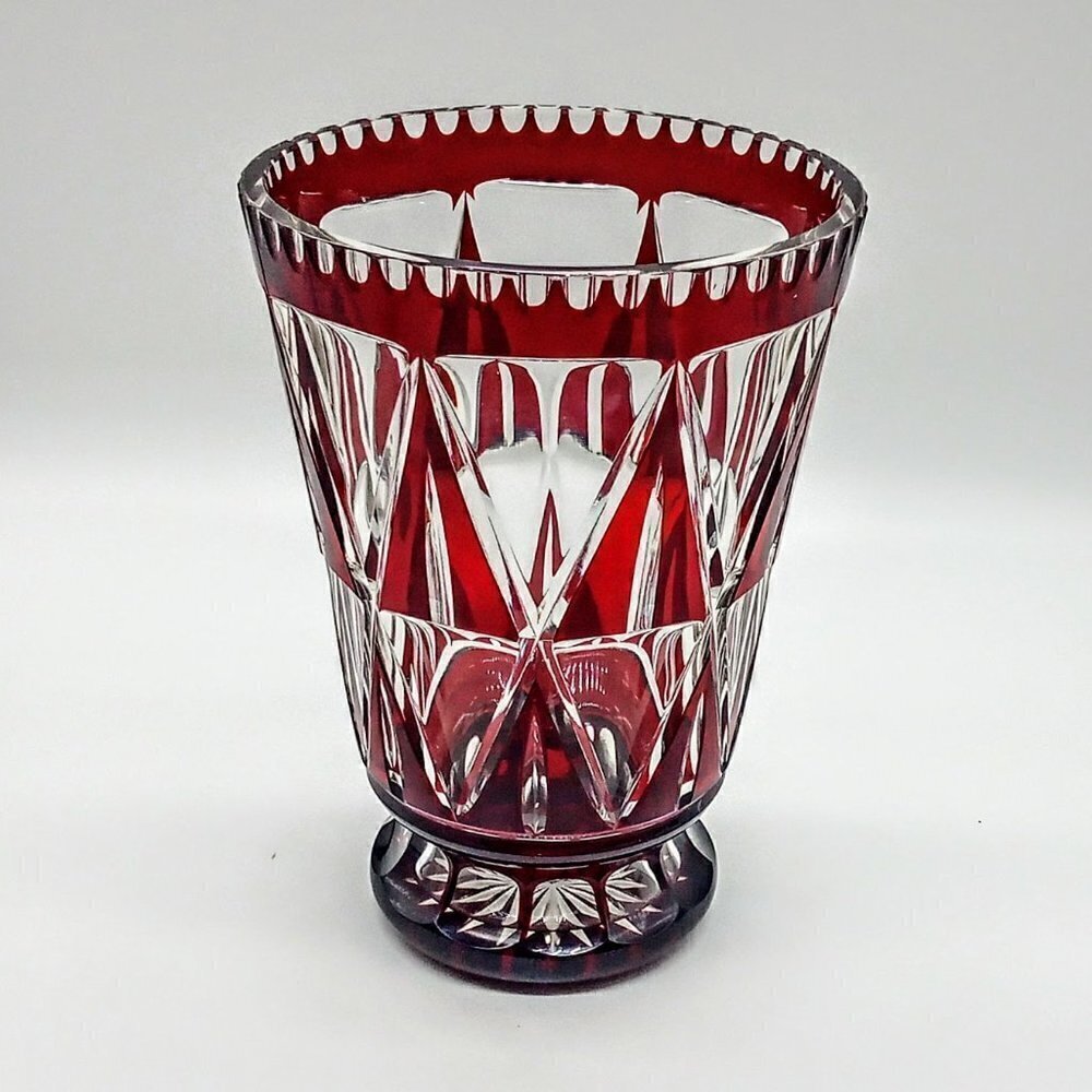 Burgundy Red Cut to Clear Crystal Glass Vase